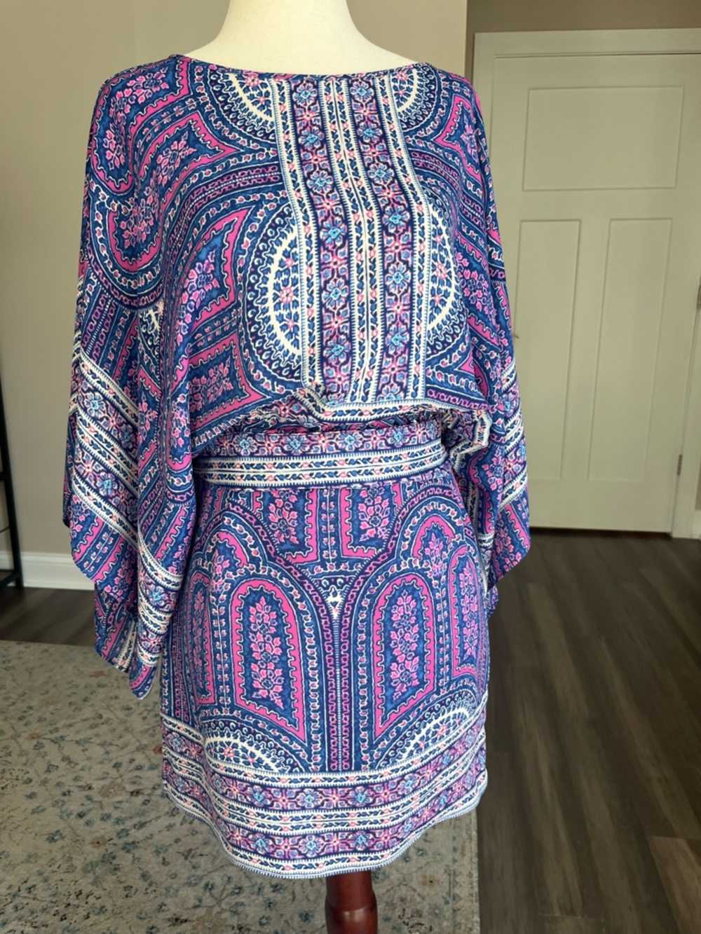 BCBGMaxAzria Pink and Blue Paisley Boho Mini Dress